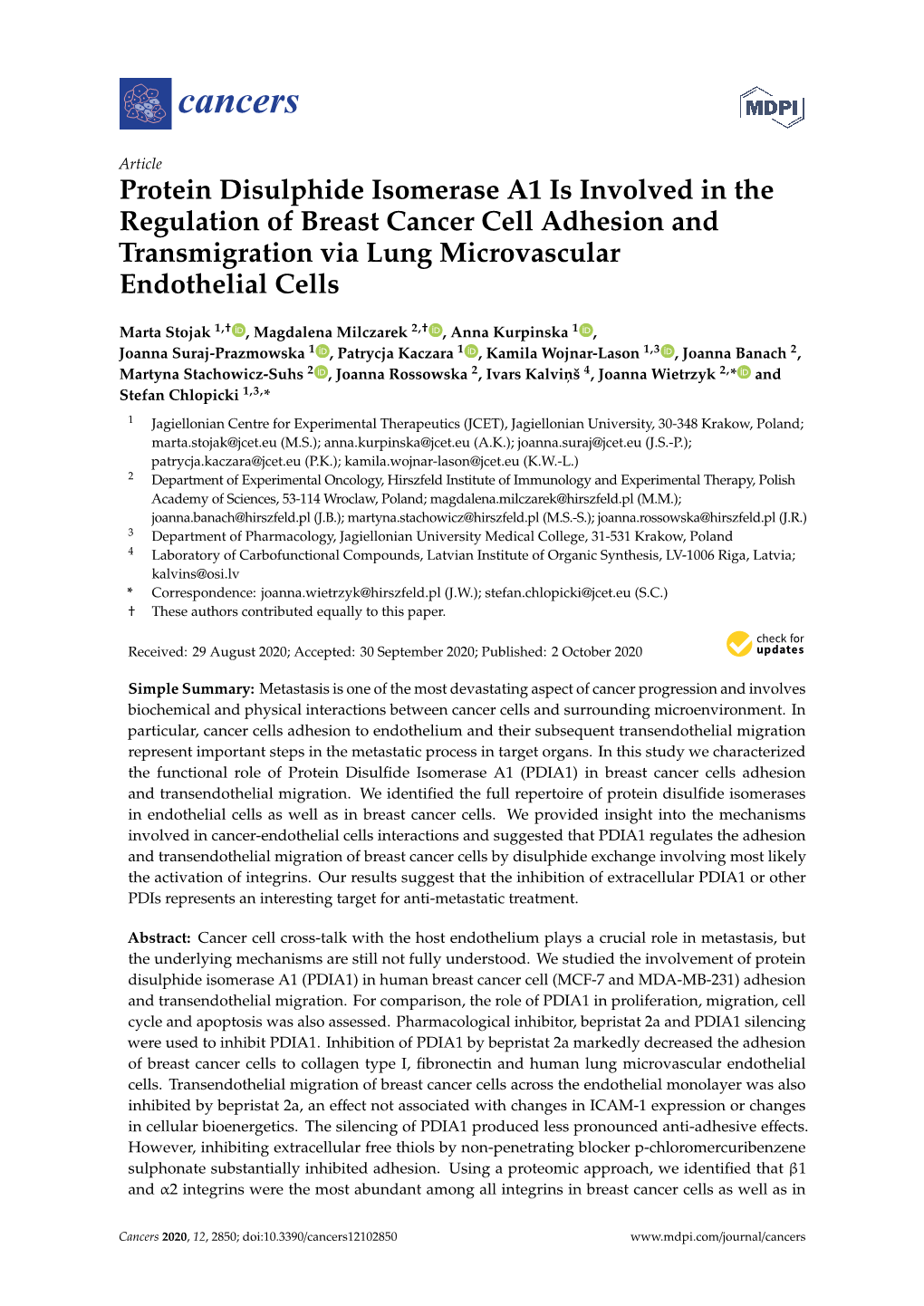 Protein Disulphide Isomerase A1 Is Involved in the Regulation of Breast Cancer Cell Adhesion and Transmigration Via Lung Microvascular Endothelial Cells