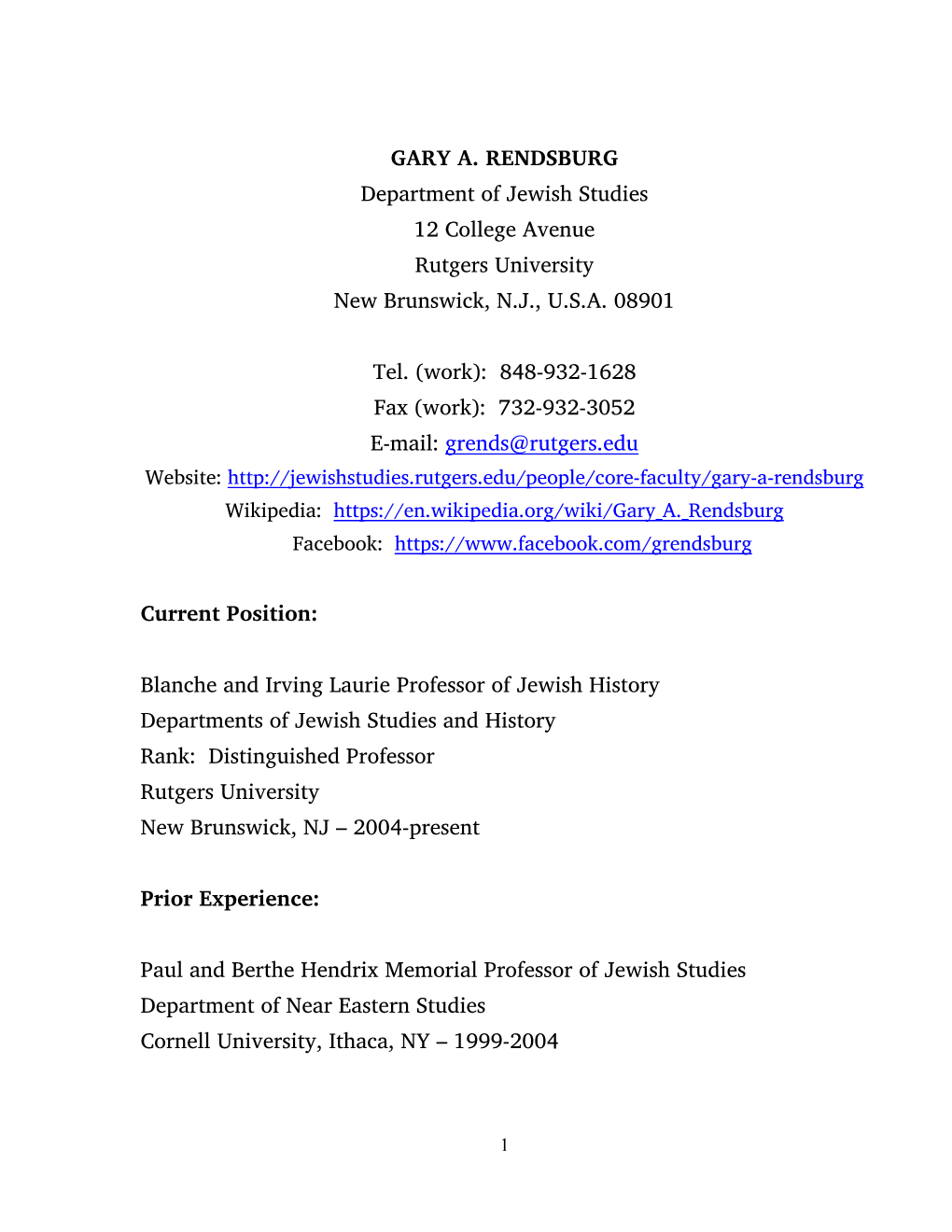 GARY A. RENDSBURG Department of Jewish Studies 12 College Avenue Rutgers University New Brunswick, N.J., U.S.A