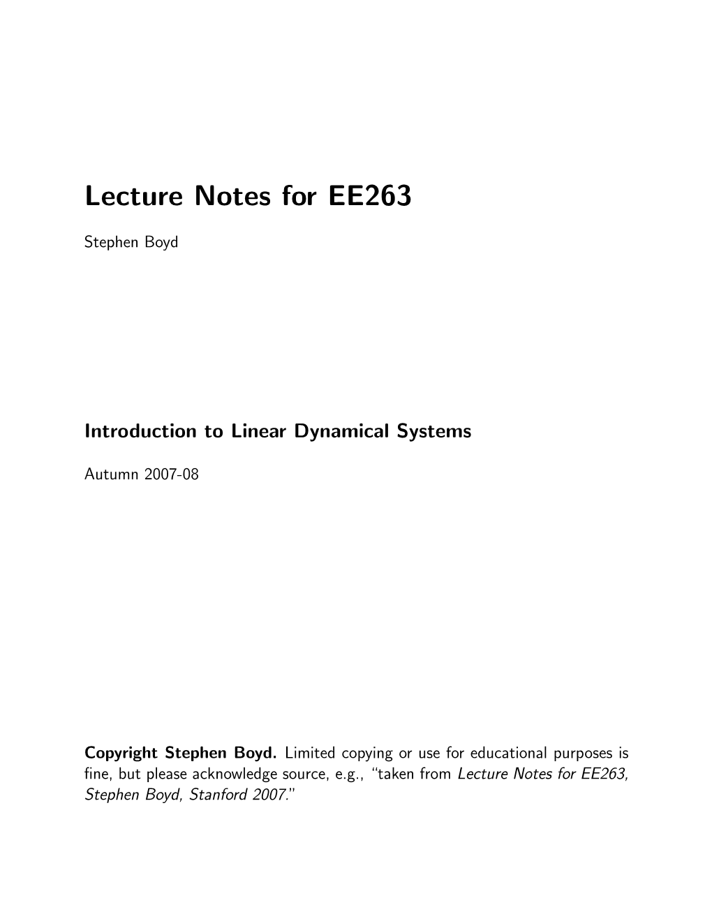 Lecture Notes for EE263