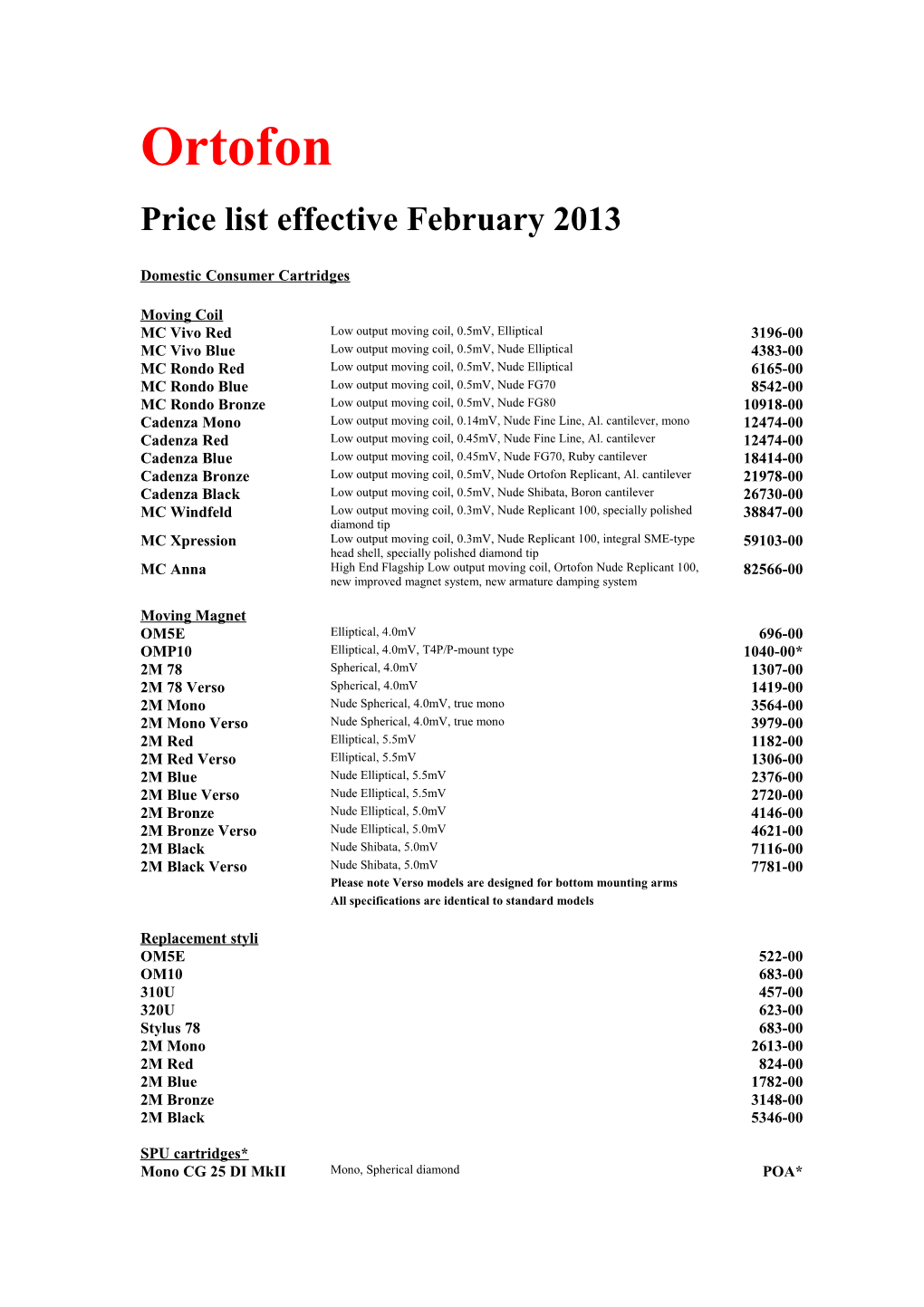 Price List Effective February 2013