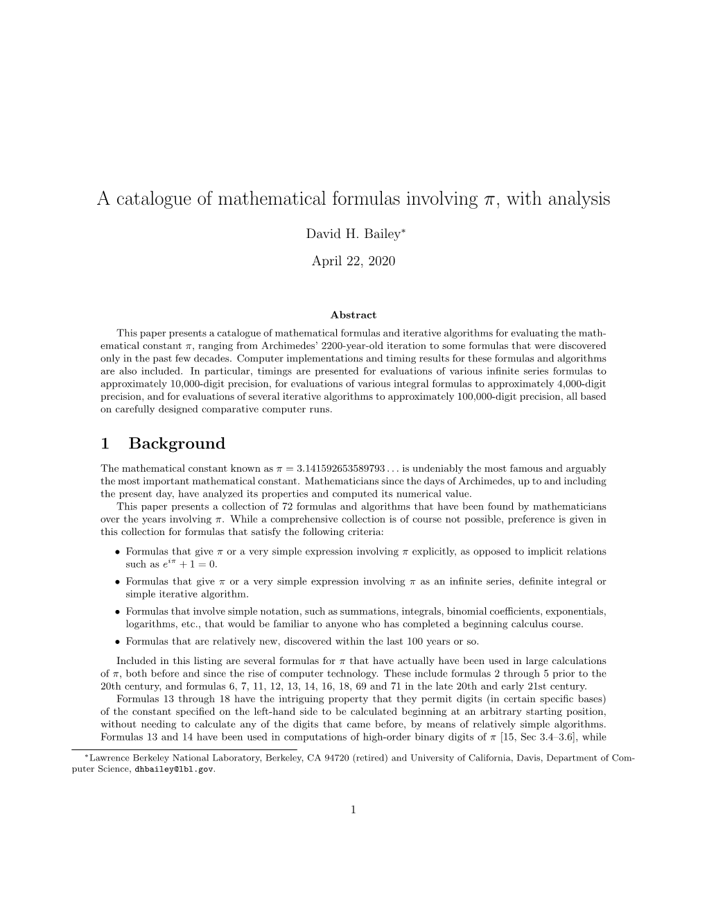 A Catalogue of Mathematical Formulas Involving Π, with Analysis