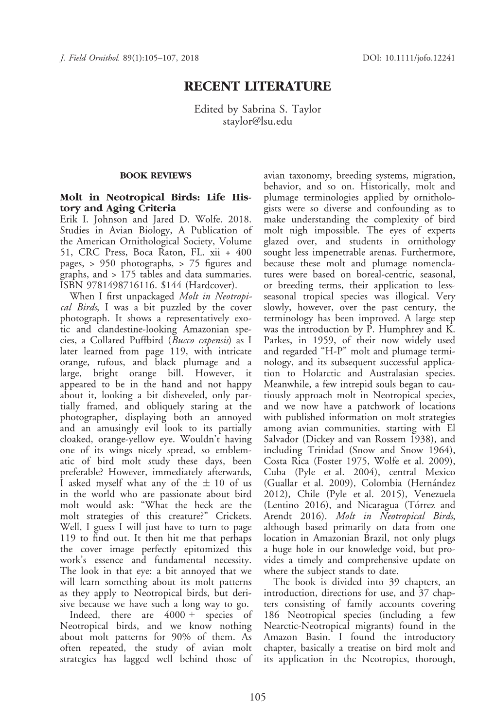 Molt in Neotropical Birds: Life History and Aging Criteria