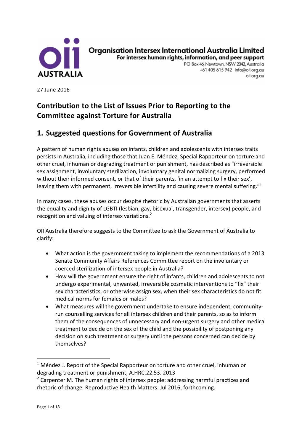 Contribution to the List of Issues Prior to Reporting to the Committee Against Torture for Australia 1. Suggested Questions Fo