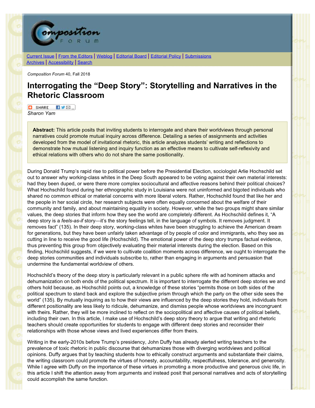 Storytelling and Narratives in the Rhetoric Classroom by Sharon