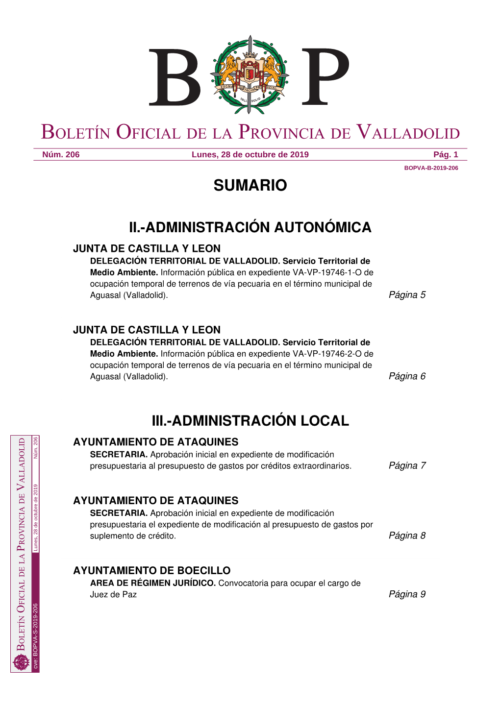 Sumario Boletín Oficial De La Provincia De Valladolid