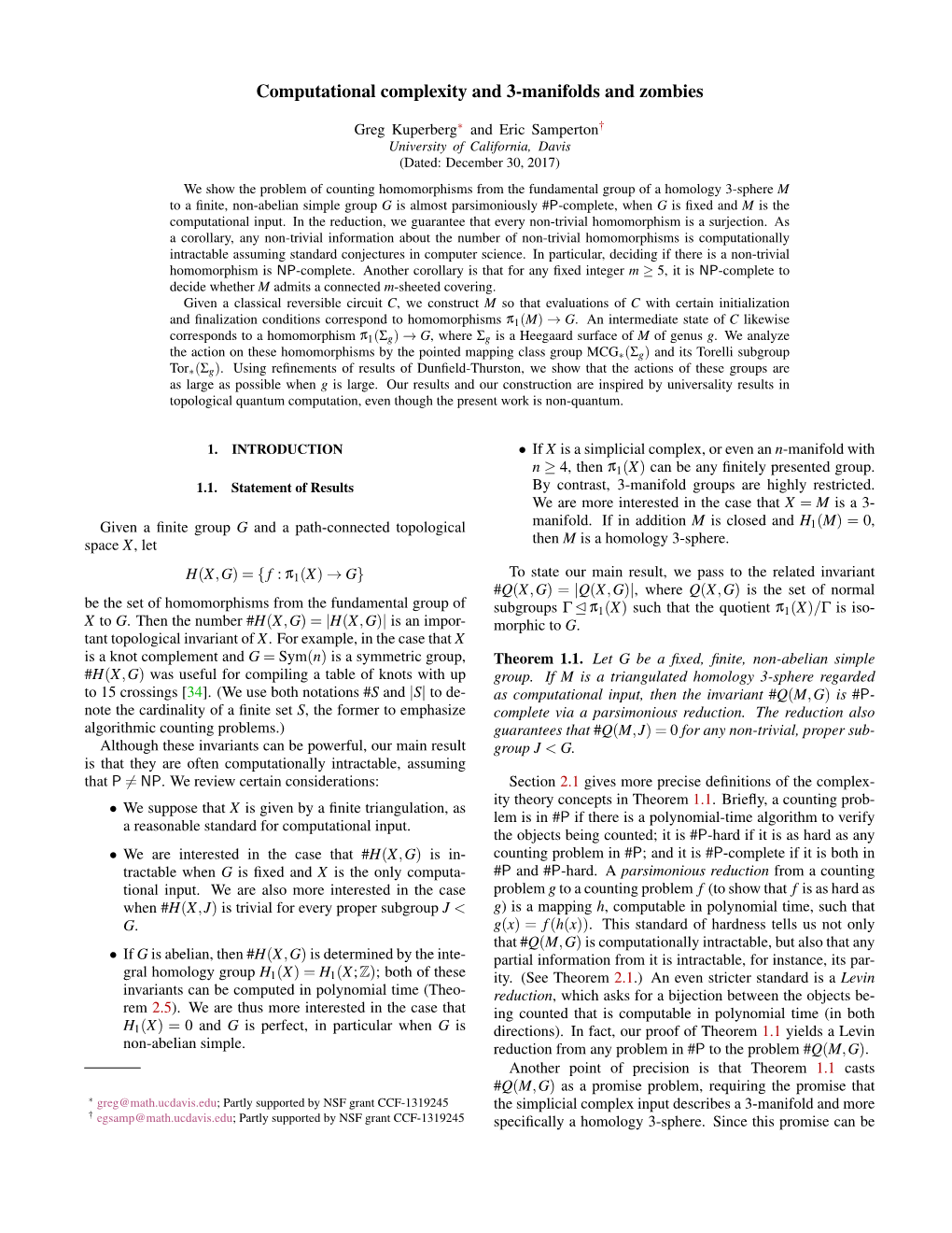 Computational Complexity and 3-Manifolds and Zombies