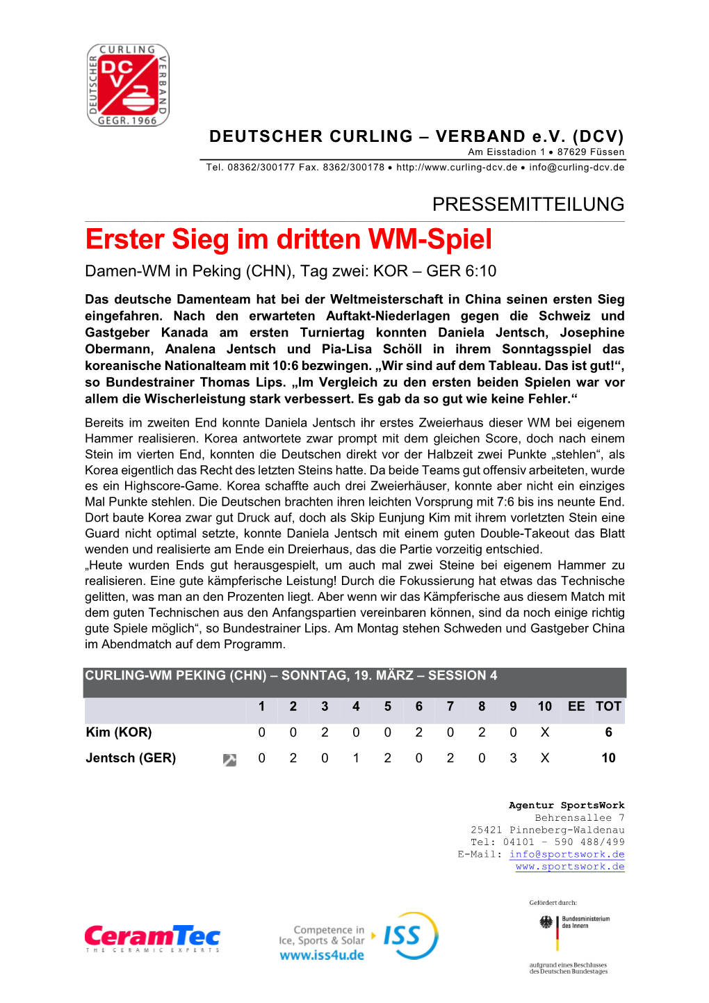 Erster Sieg Im Dritten WM-Spiel Damen-WM in Peking (CHN), Tag Zwei: KOR – GER 6:10