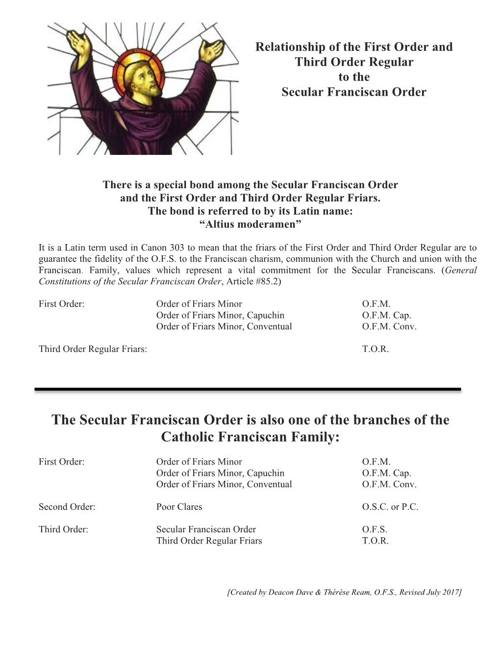 Relationship of the First Order and Third Order Regular to the Secular Franciscan Order