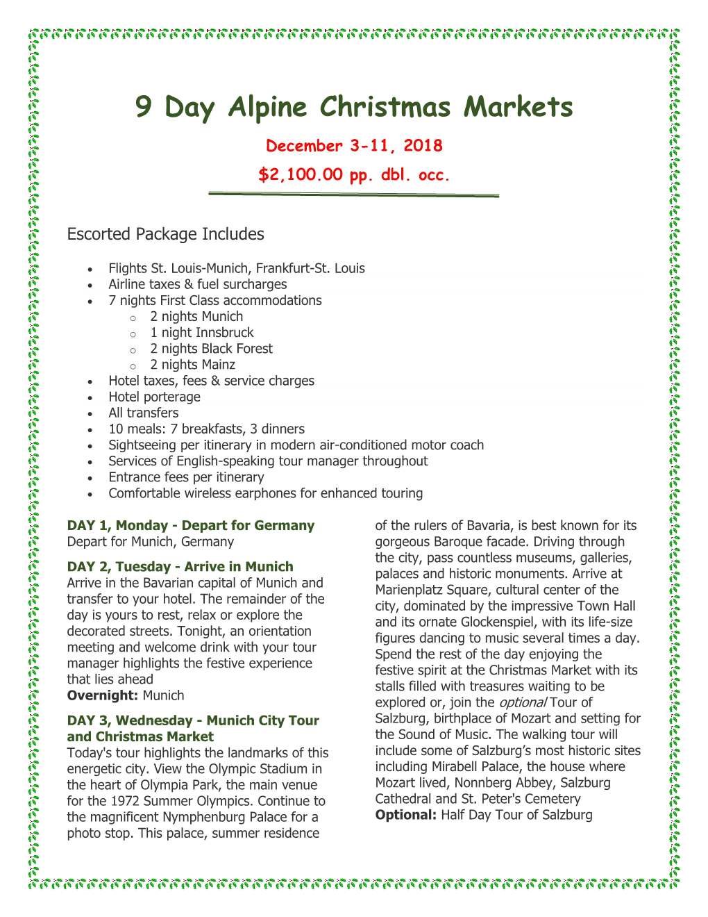 9 Day Alpine Christmas Markets December 3-11, 2018 $2,100.00 Pp