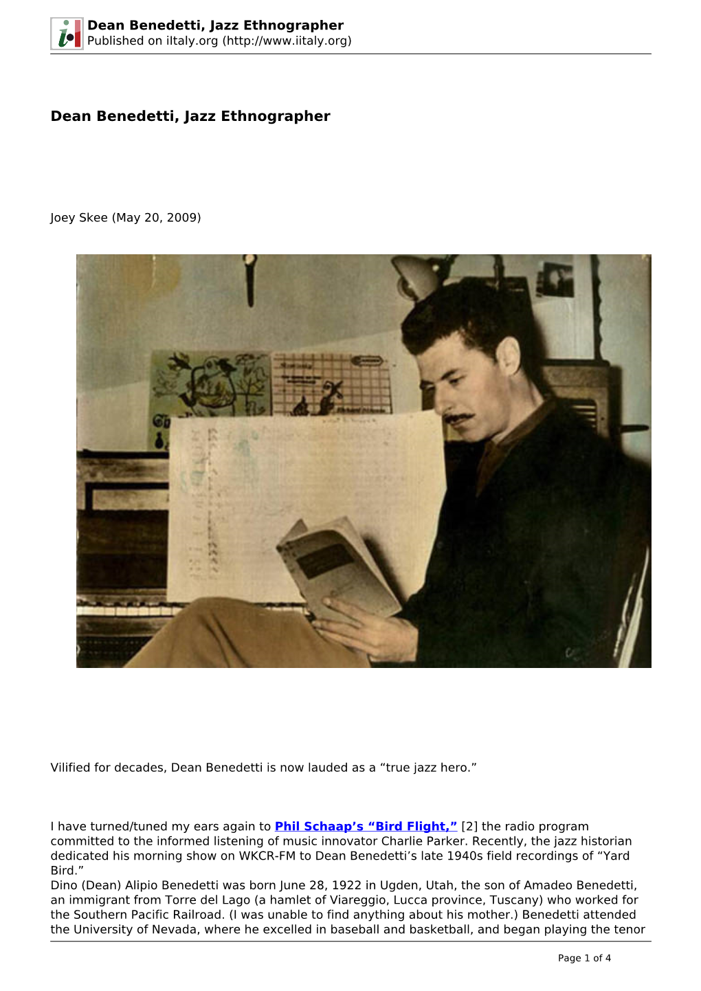 Dean Benedetti, Jazz Ethnographer Published on Iitaly.Org (