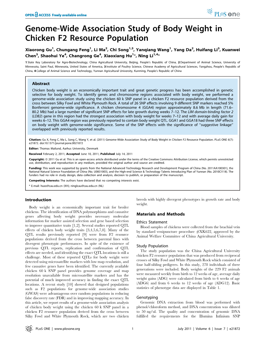 Genome-Wide Association Study of Body Weight in Chicken F2 Resource Population