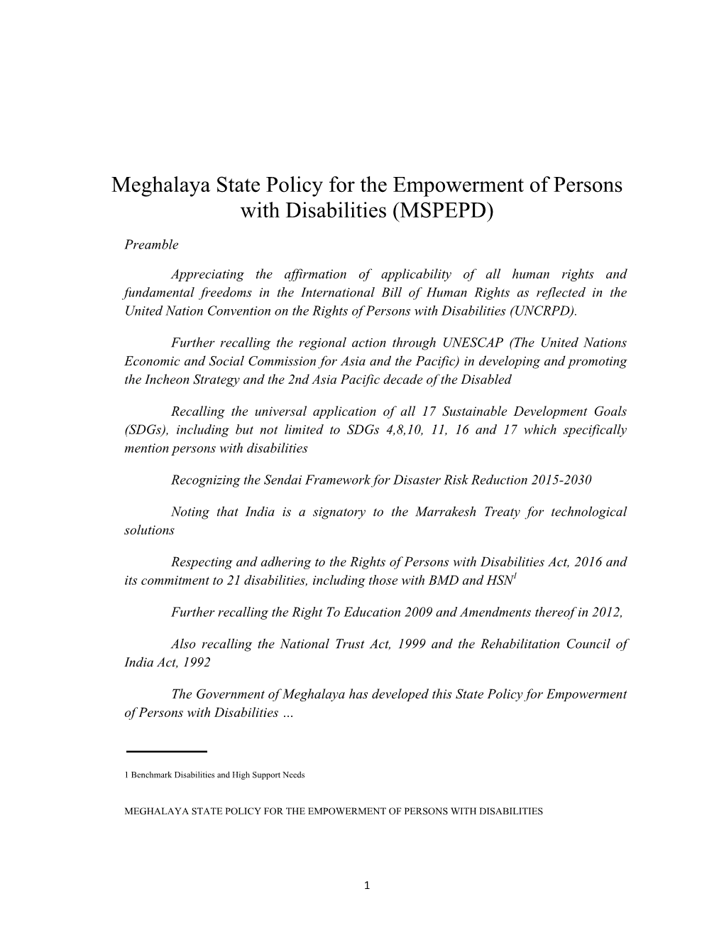 Meghalaya State Policy for the Empowerment of Persons with Disabilities (MSPEPD)