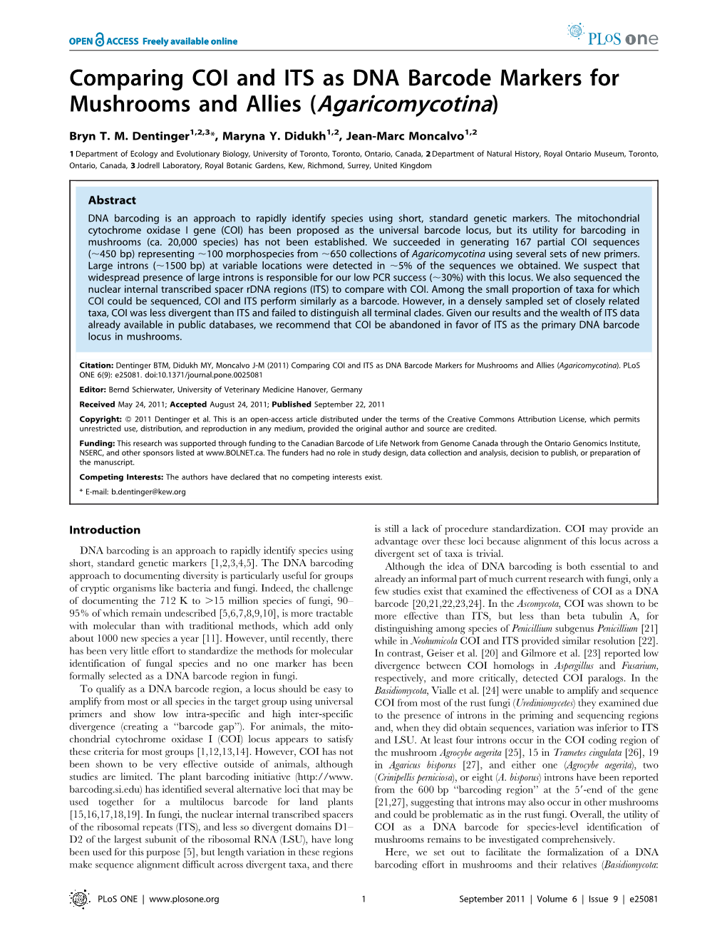 Comparing COI and ITS As DNA Barcode Markers for Mushrooms and Allies (Agaricomycotina)