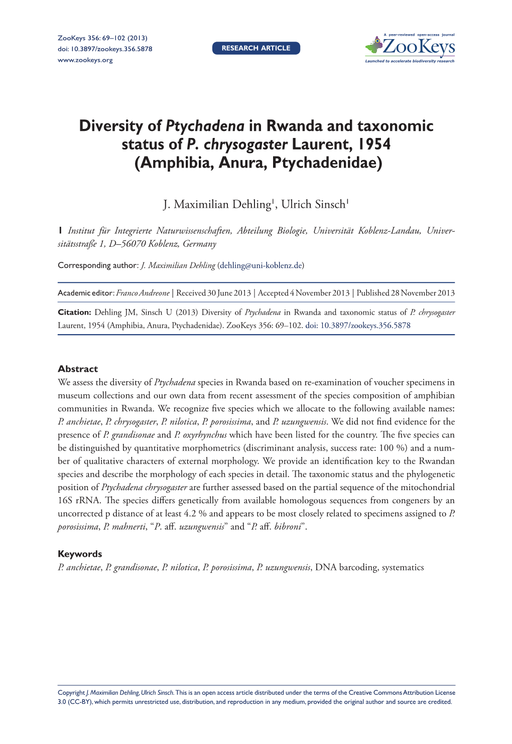 Diversity of Ptychadena in Rwanda and Taxonomic Status of P