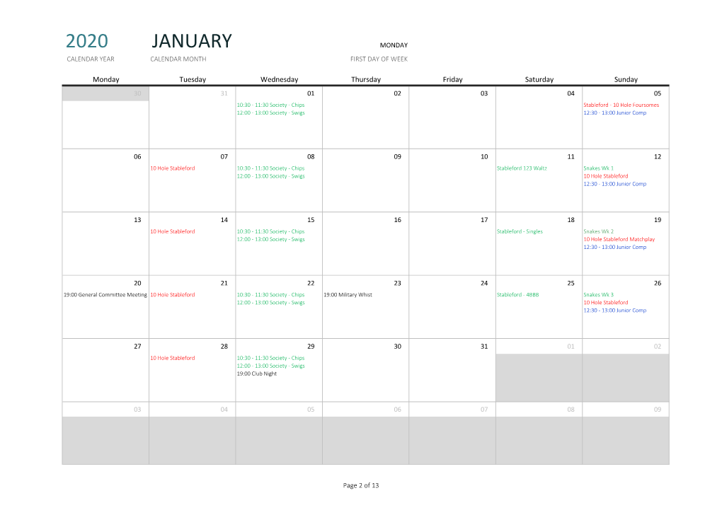 2020 January Monday Calendar Year Calendar Month First Day of Week