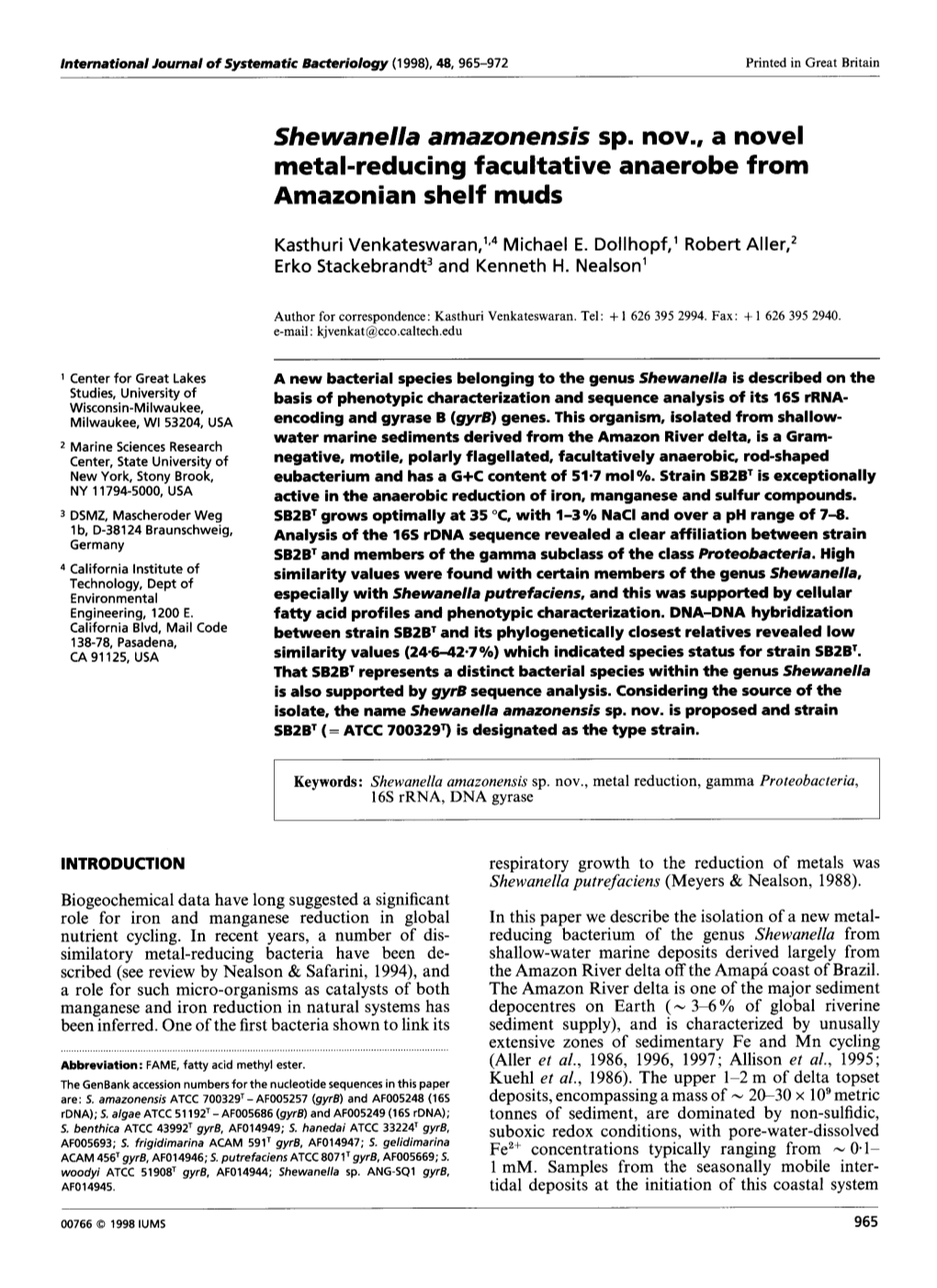 Shewanella Amazonensis Sp. Nov., a Novel Metal-Reducing Facultative Anaerobe from Amazonian Shelf Muds