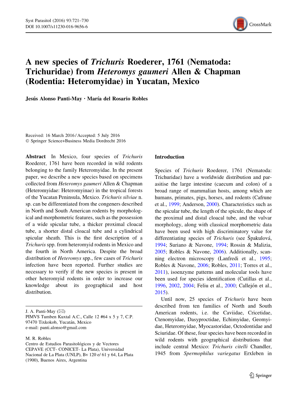 A New Species of Trichuris Roederer, 1761 (Nematoda: Trichuridae) from Heteromys Gaumeri Allen & Chapman (Rodentia: Heteromyidae) in Yucatan, Mexico