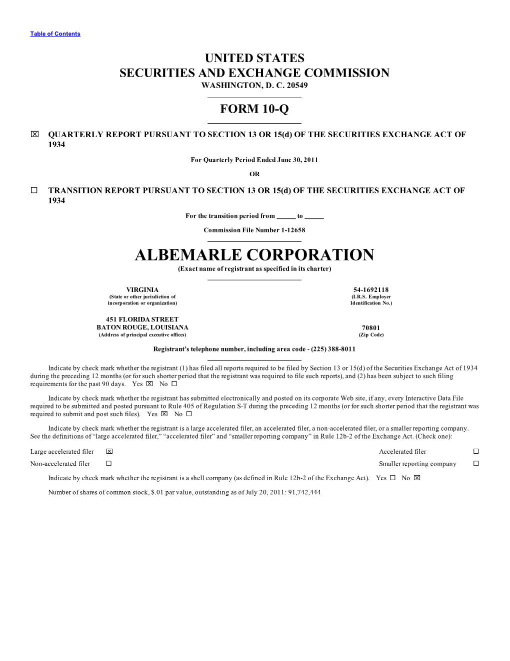 ALBEMARLE CORPORATION (Exact Name of Registrant As Specified in Its Charter)