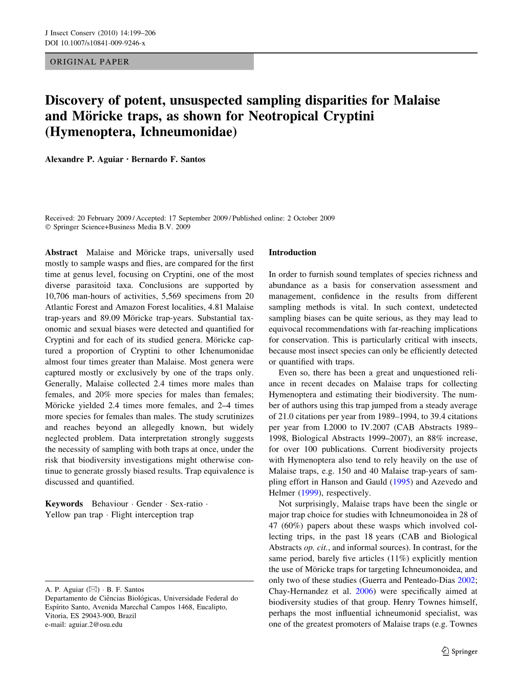 Discovery of Potent, Unsuspected Sampling Disparities for Malaise and Mo¨Ricke Traps, As Shown for Neotropical Cryptini (Hymenoptera, Ichneumonidae)