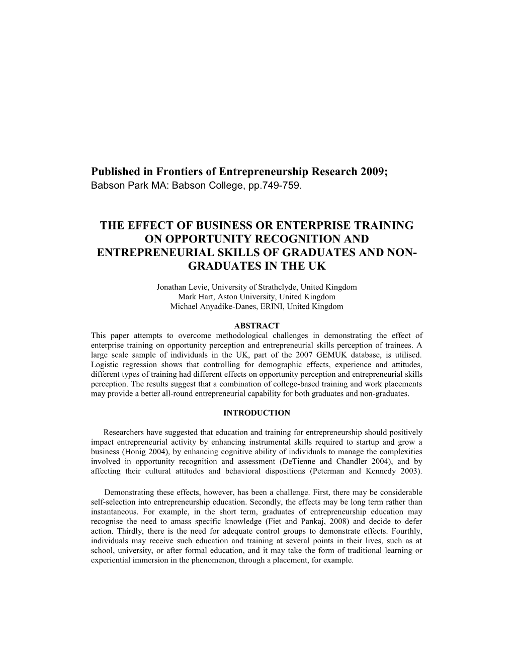 The Effect of Business Or Enterprise Training on Opportunity Recognition and Entrepreneurial