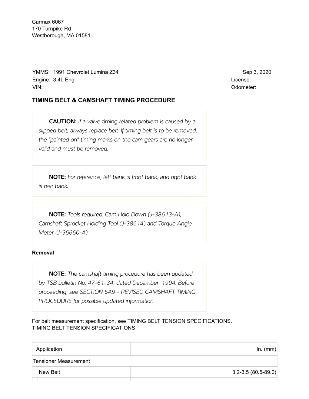 TIMING BELT & CAMSHAFT TIMING PROCEDURE CAUTION: If a Valve