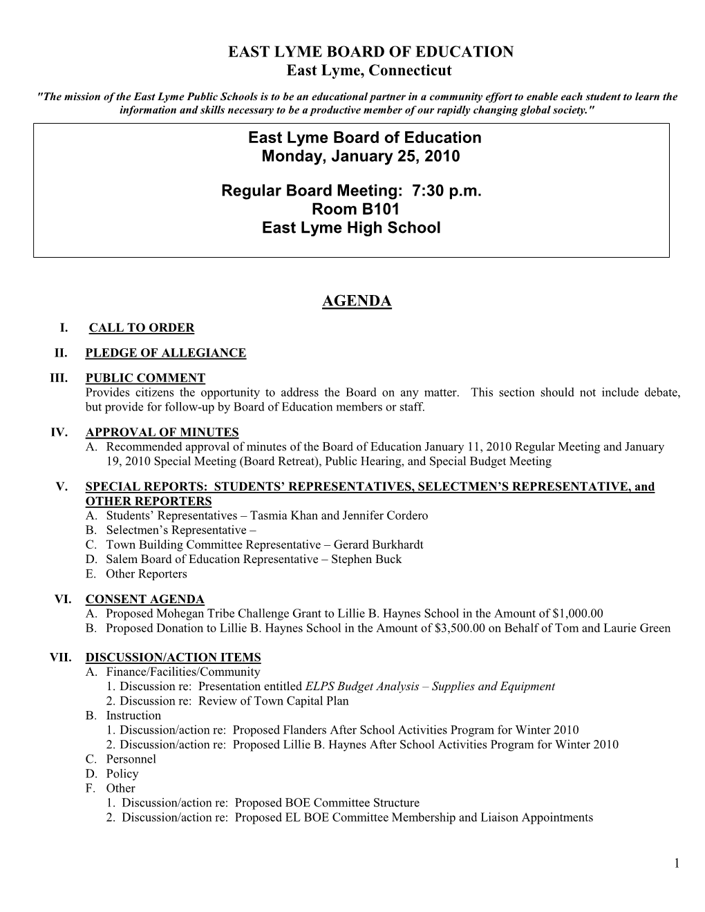 EAST LYME BOARD of EDUCATION East Lyme, Connecticut AGENDA