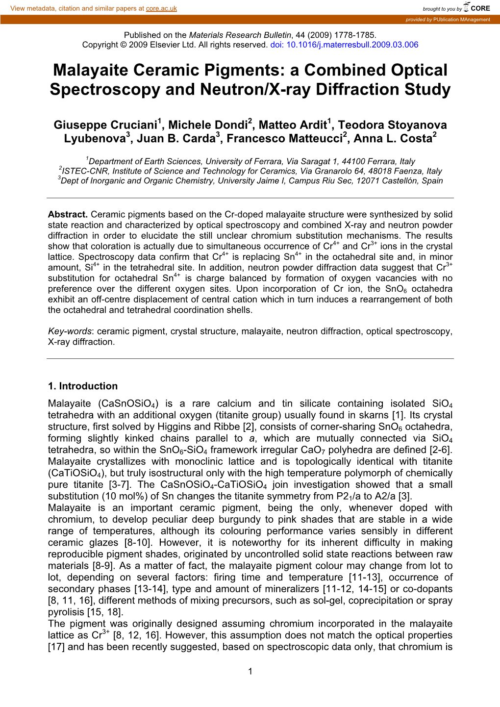 Malayaite Ceramic Pigments: a Combined Optical Spectroscopy and Neutron/X-Ray Diffraction Study