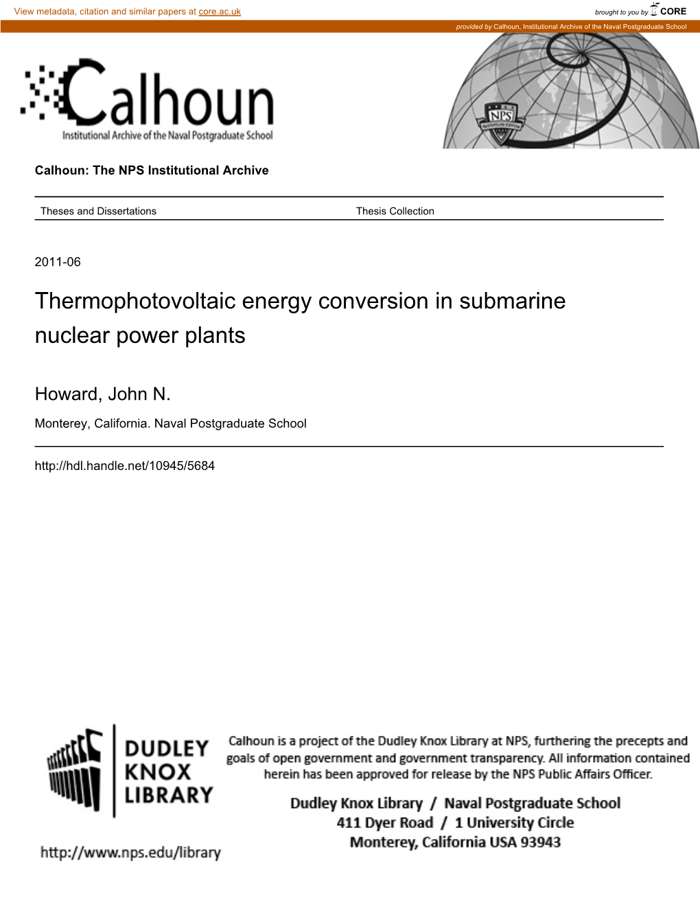 Thermophotovoltaic Energy Conversion in Submarine Nuclear Power Plants