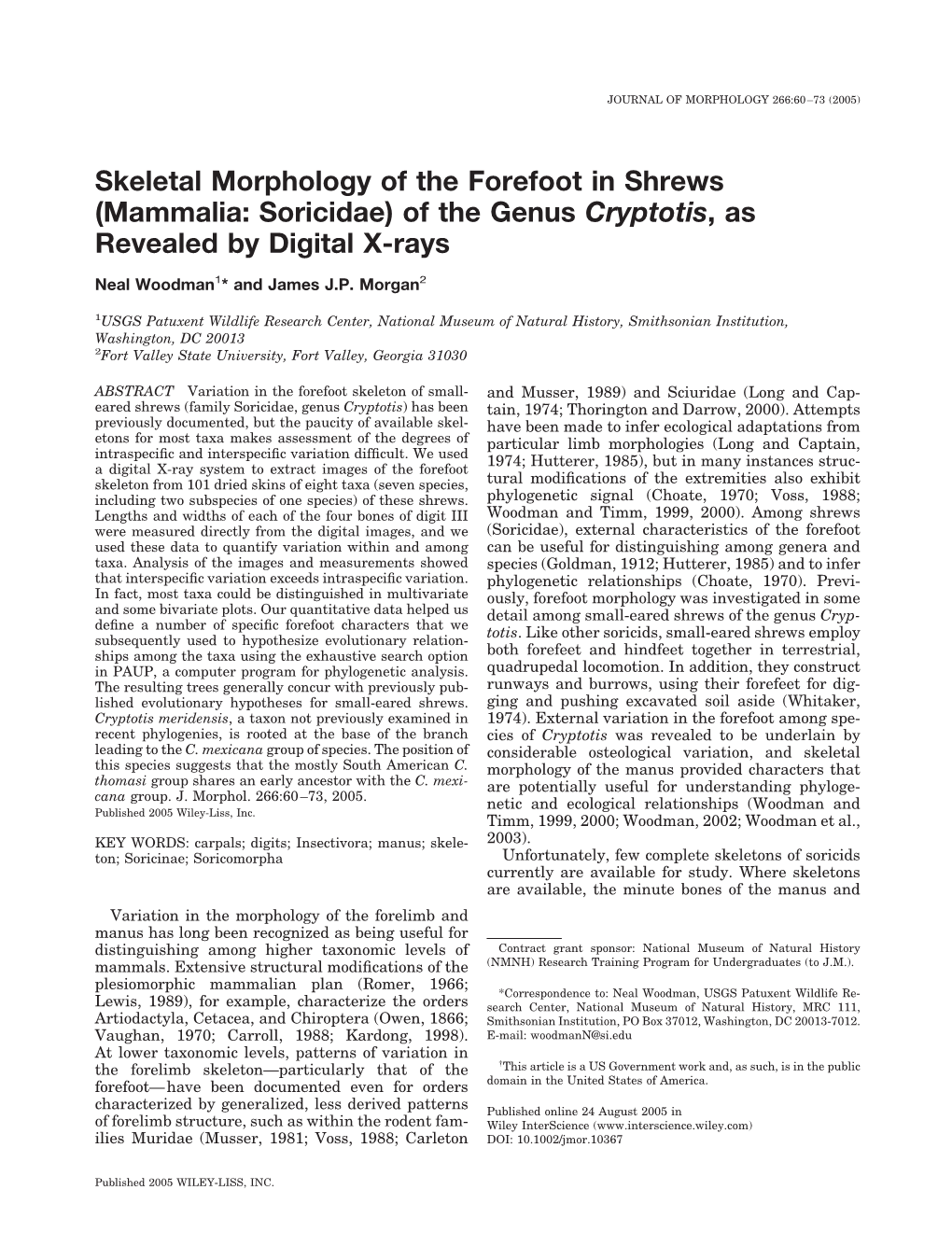 Skeletal Morphology of the Forefoot in Shrews (Mammalia: Soricidae) of the Genus Cryptotis,As Revealed by Digital X-Rays