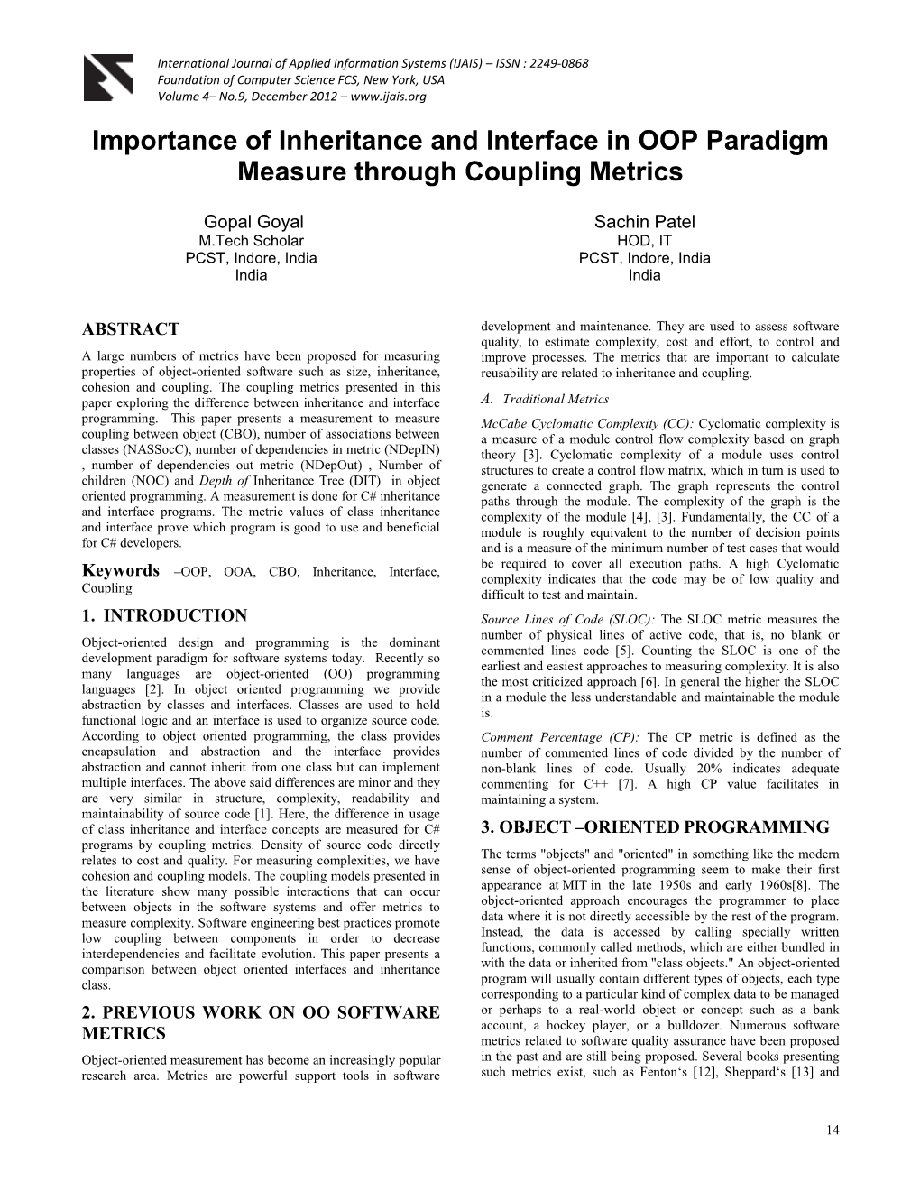 Importance of Inheritance and Interface in OOP Paradigm Measure Through Coupling Metrics