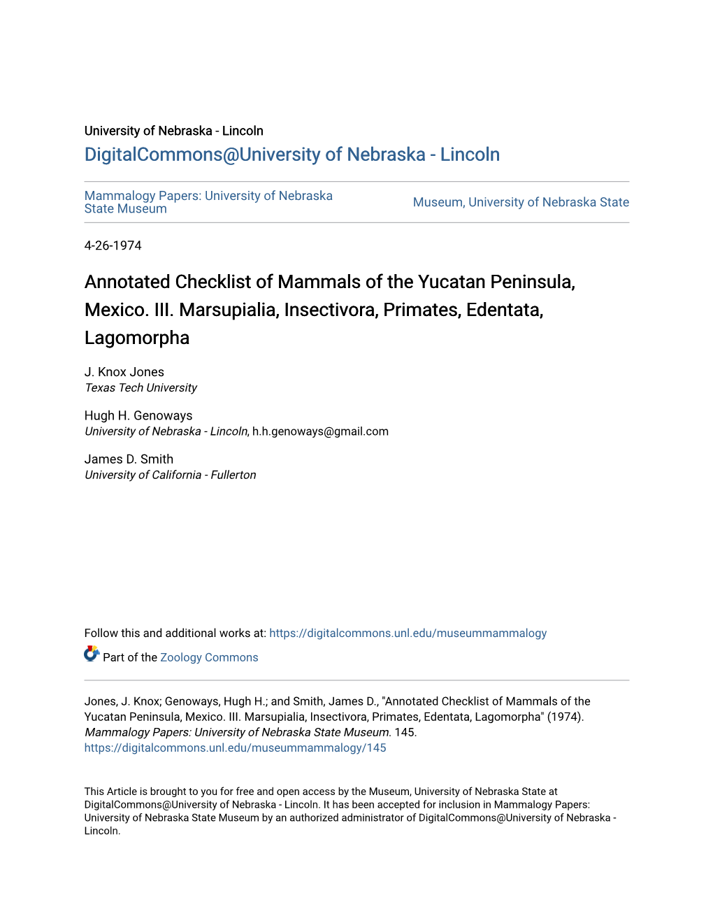 Annotated Checklist of Mammals of the Yucatan Peninsula, Mexico. III