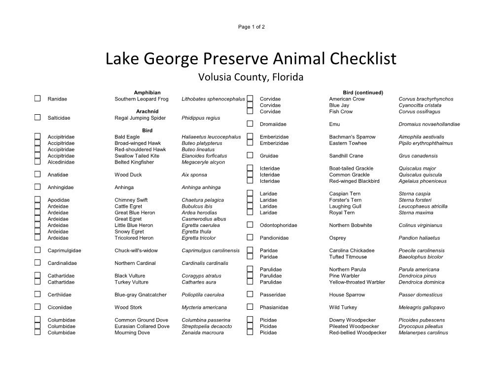 Animal Checklist Volusia County, Florida