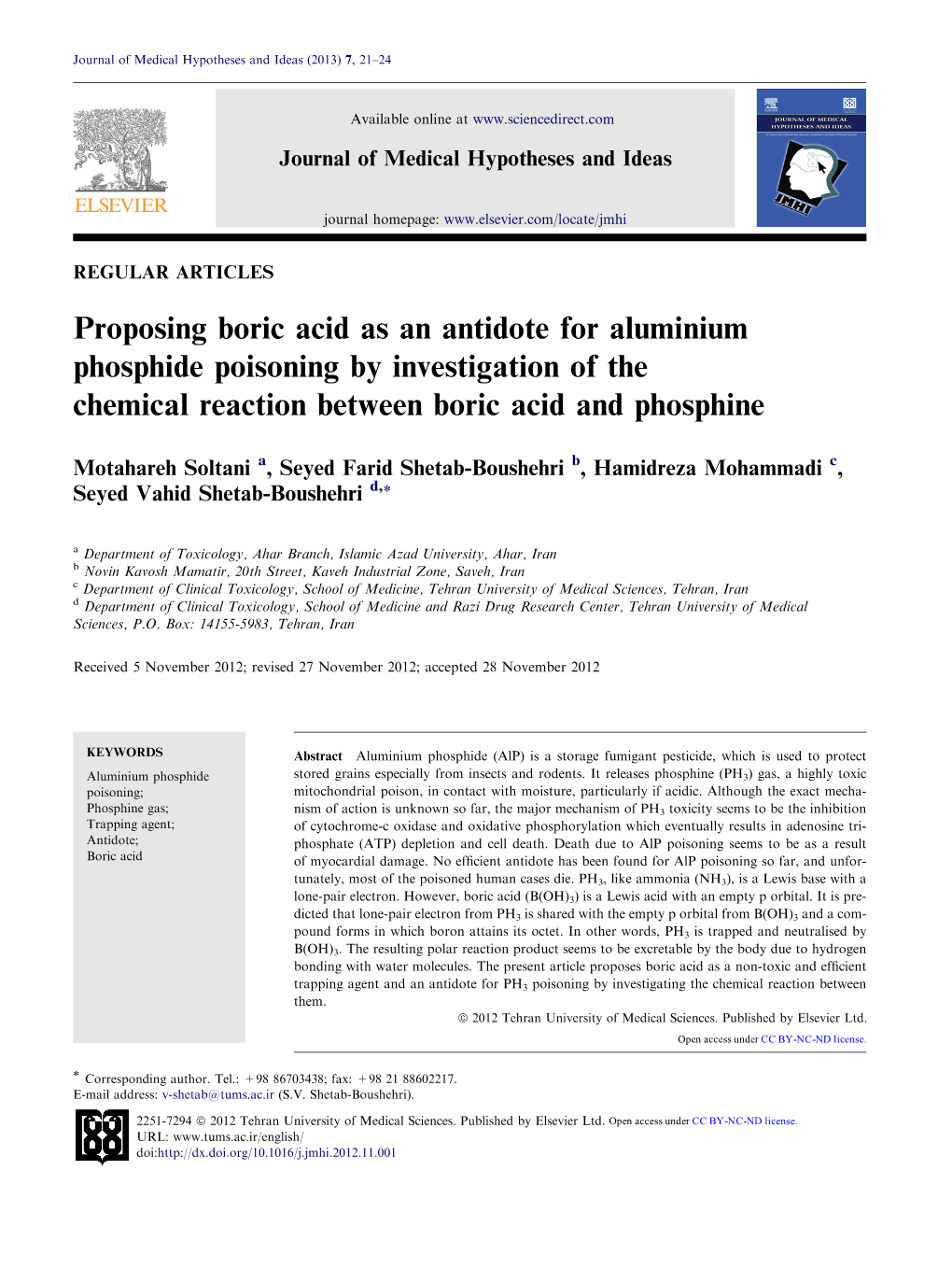 Proposing Boric Acid As an Antidote for Aluminium Phosphide Poisoning by Investigation of the Chemical Reaction Between Boric Acid and Phosphine