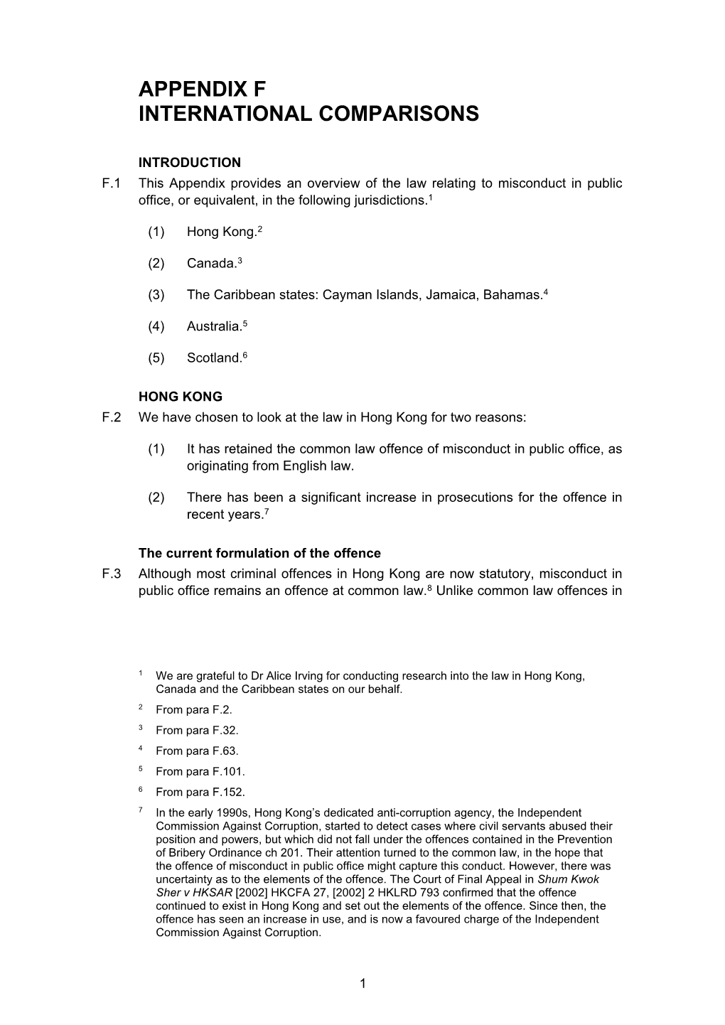 Appendix F International Comparisons