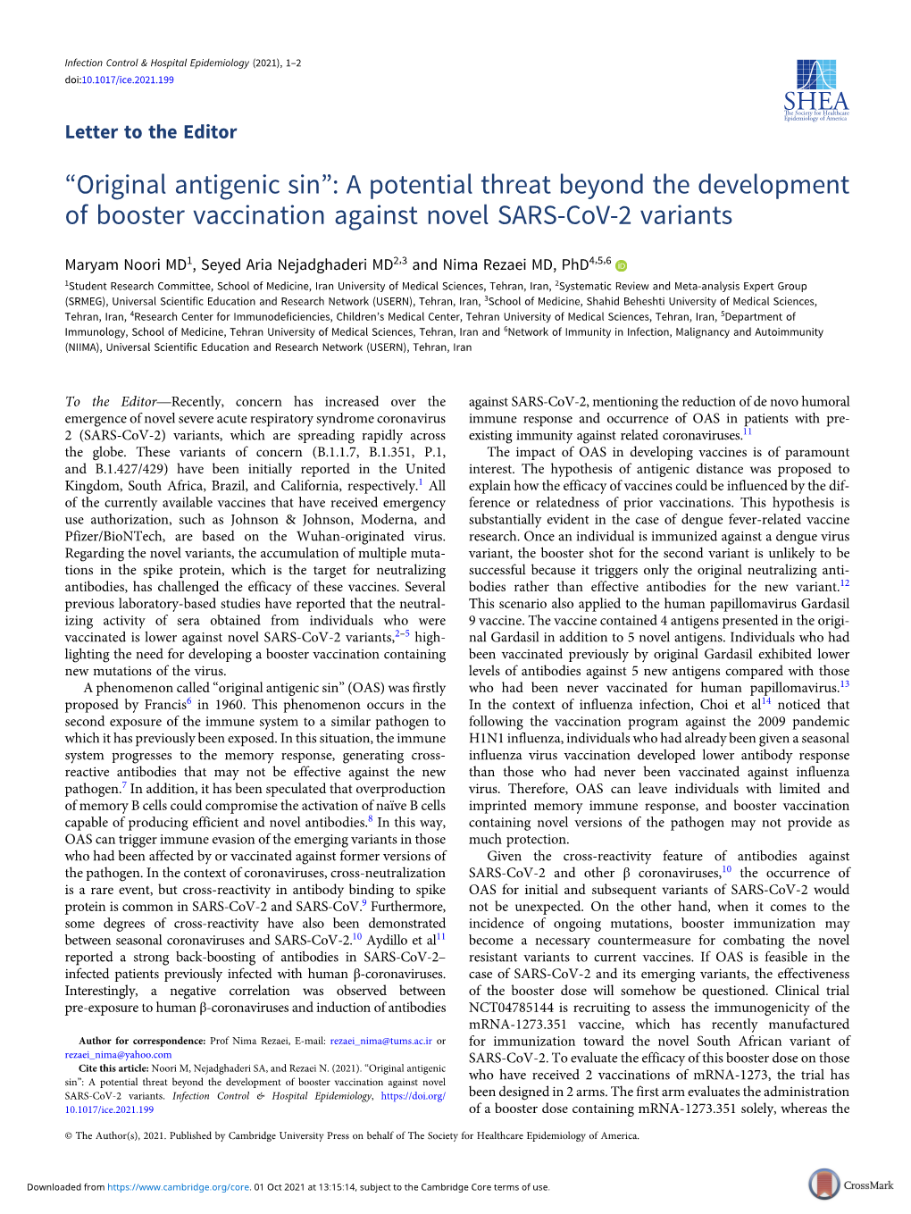 Original Antigenic Sin”: a Potential Threat Beyond the Development of Booster Vaccination Against Novel SARS-Cov-2 Variants