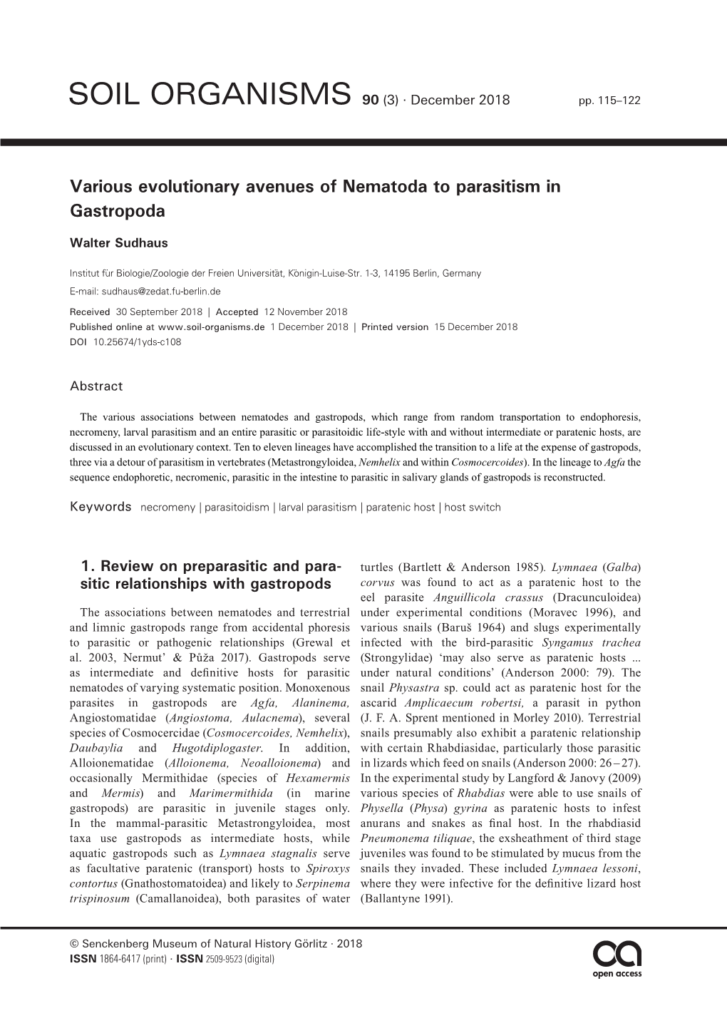 Various Evolutionary Avenues of Nematoda to Parasitism in Gastropoda