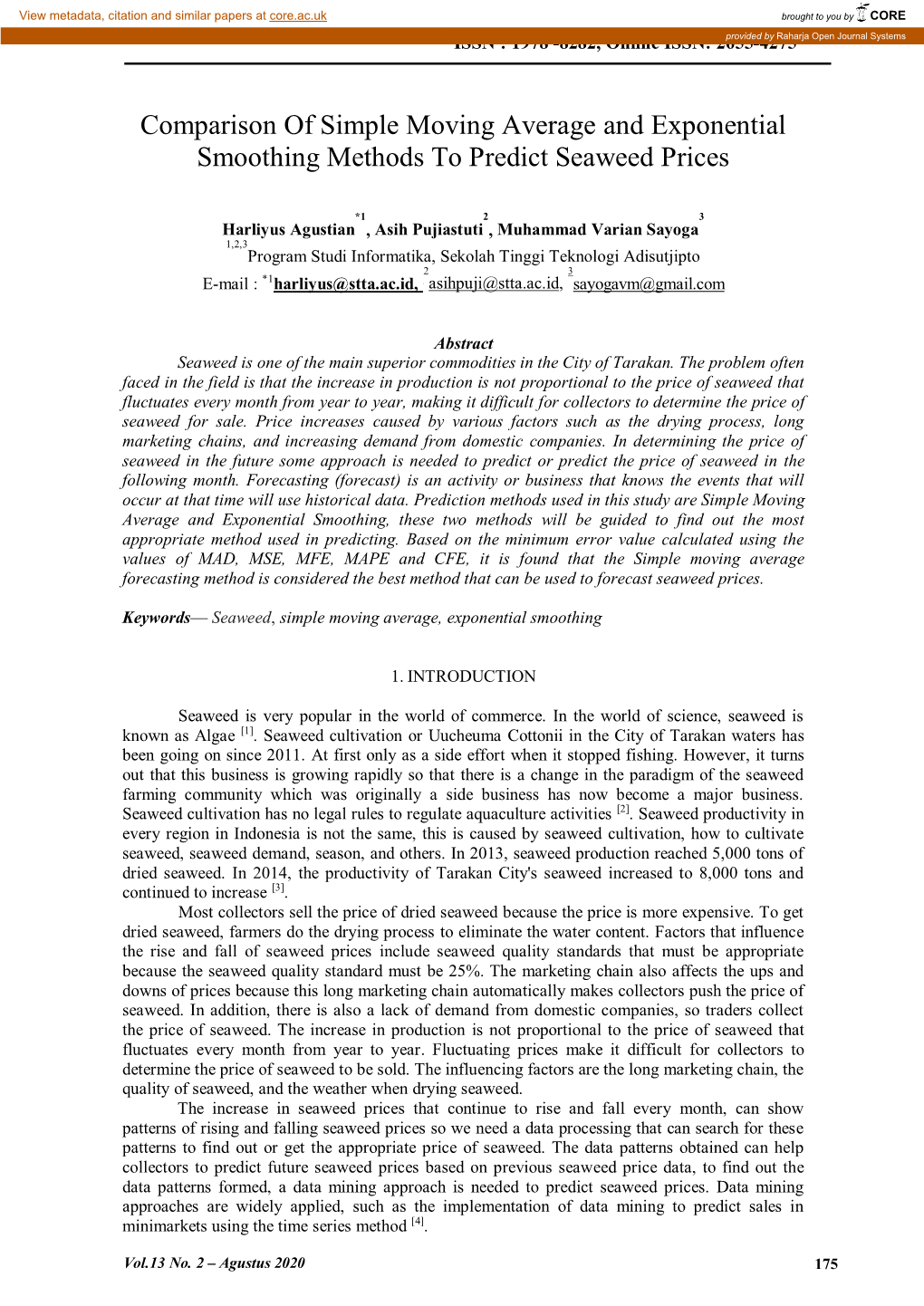 Comparison of Simple Moving Average and Exponential Smoothing Methods to Predict Seaweed Prices