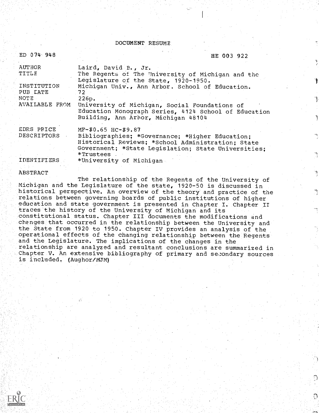 The Regents of the University of Michigan and the Legislature of the State, 1920-1950