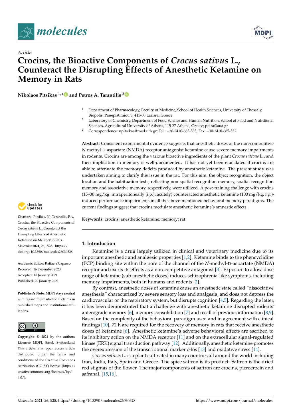 Crocins, the Bioactive Components of Crocus Sativus L., Counteract the Disrupting Effects of Anesthetic Ketamine on Memory in Rats