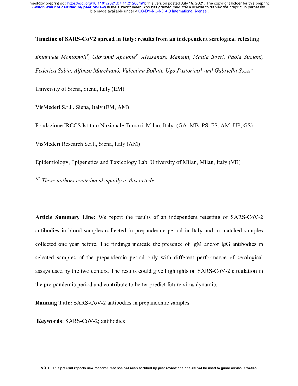 Timeline of SARS-Cov2 Spread in Italy: Results from an Independent Serological Retesting