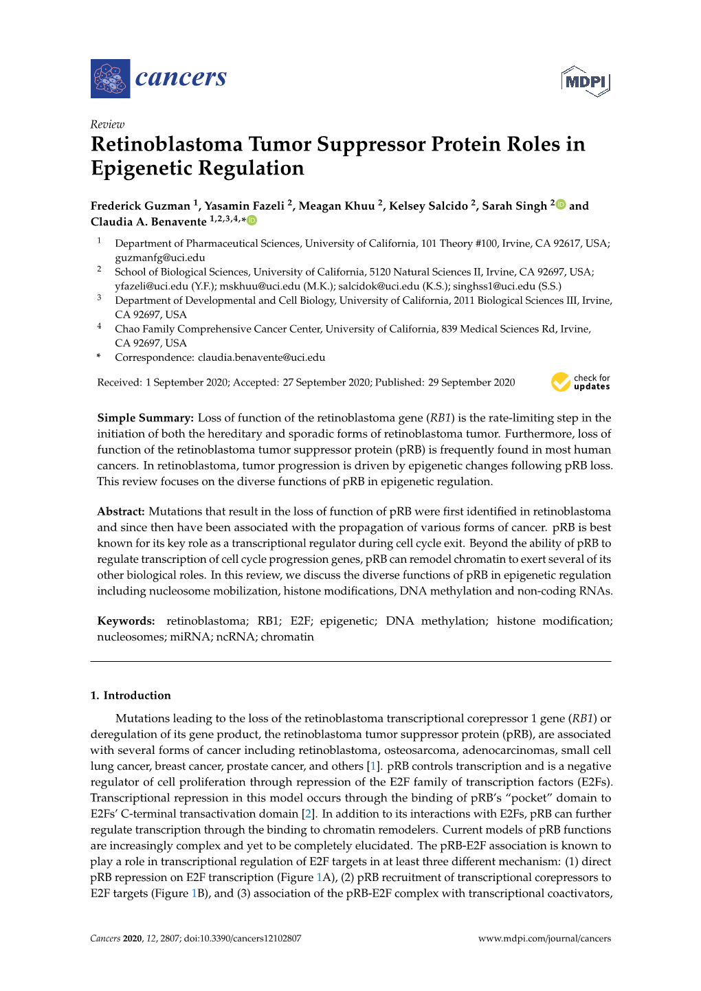 Retinoblastoma Tumor Suppressor Protein Roles in Epigenetic Regulation