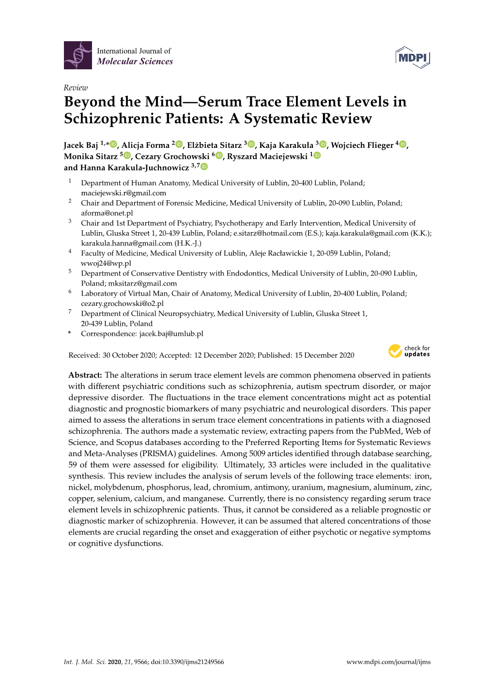 Beyond the Mind—Serum Trace Element Levels in Schizophrenic Patients: a Systematic Review