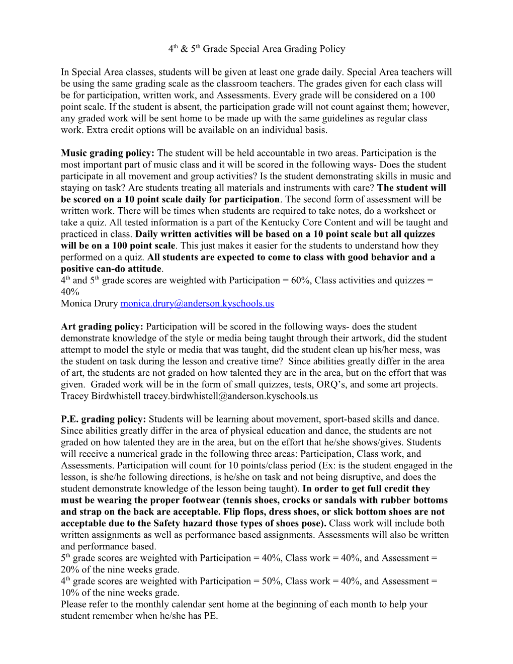 Special Area Grading Scale and Procedures