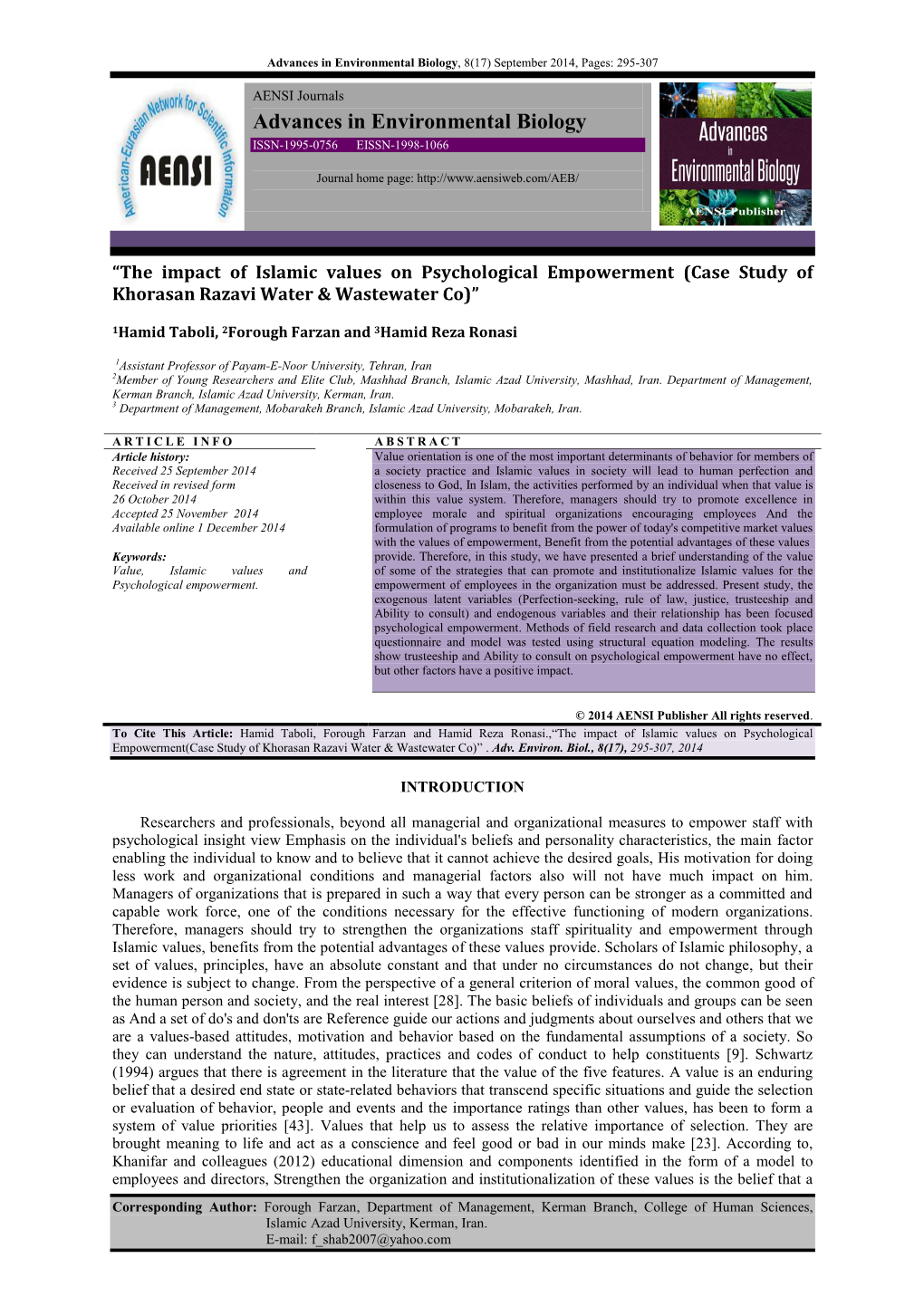 Advances in Environmental Biology, 8(17) September 2014, Pages: 295-307