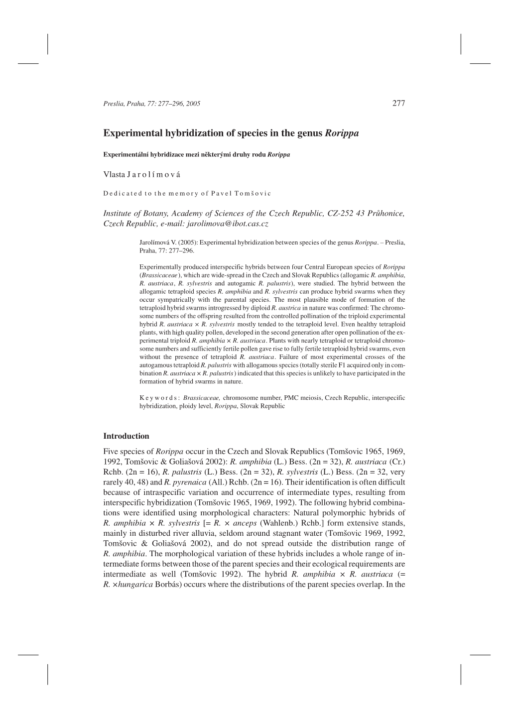 Experimental Hybridization of Species in the Genus Rorippa