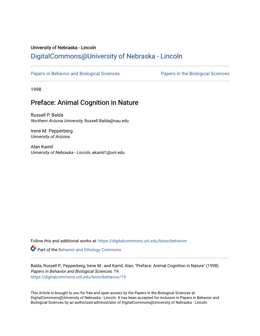Preface: Animal Cognition in Nature