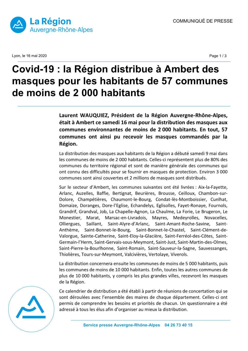 La Région Distribue À Ambert Des Masques Pour Les Habitants De 57 Communes De Moins De 2 000 Habitants