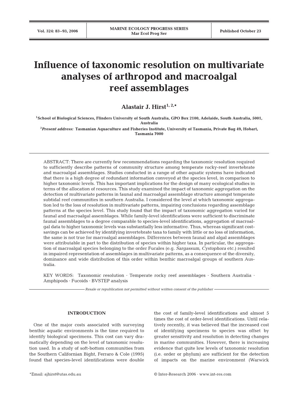 Influence of Taxonomic Resolution on Multivariate Analyses of Arthropod and Macroalgal Reef Assemblages
