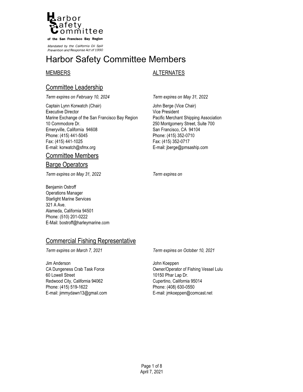 Harbor Safety Committee with Alternates