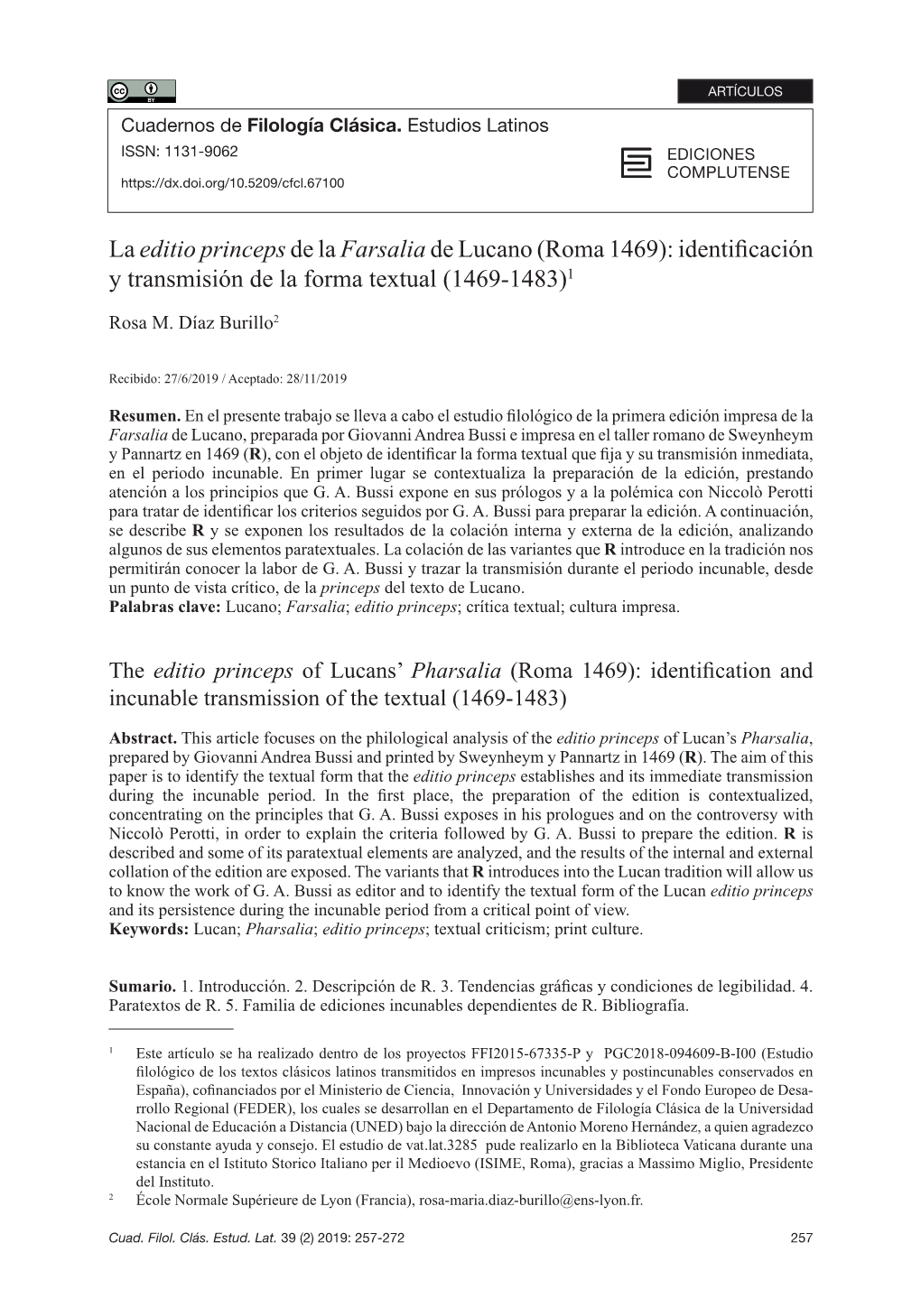 La Editio Princeps De La Farsalia De Lucano (Roma 1469): Identificación Y Transmisión De La Forma Textual (1469-1483)1